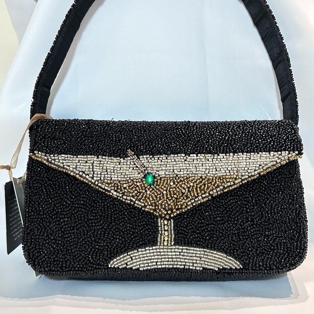Handcrafted Beaded Shoulder Bag Martini w/ Olive Jewel Black Made In India NWT - Picture 2 of 11